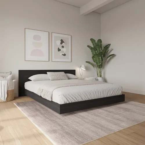 Satori Queen Size Low Profile Platform Bed with Headboard in Black