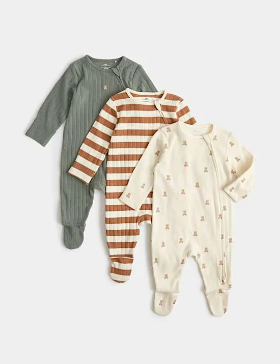 3er-Pack Schlafanzüge mit breiten Streifen und Bärenmotiv (0–3 Jahre)