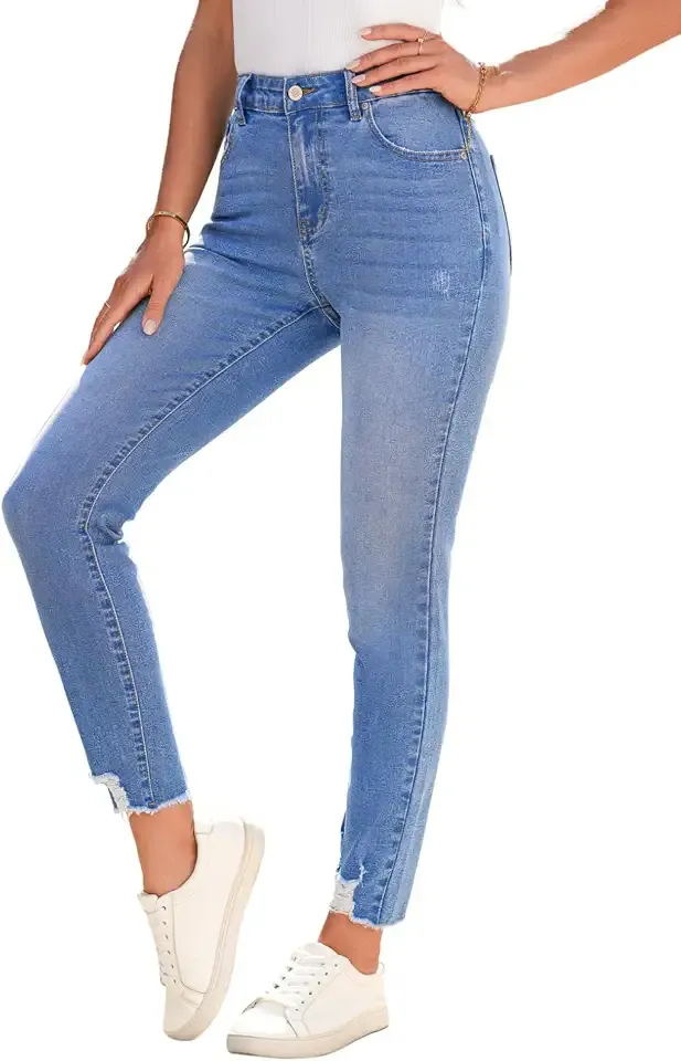 Women's Ripped Shaping Skinny Jeans Distressed Raw Hem Stretchy Denim Pants