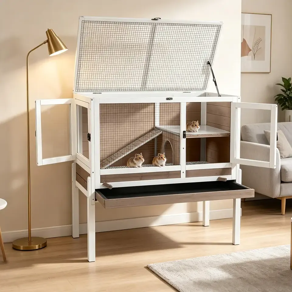 Aivituvin 2-Story Indoor Rabbit Hutch Guinea Pig Cage with Stand,WhiteBrown
