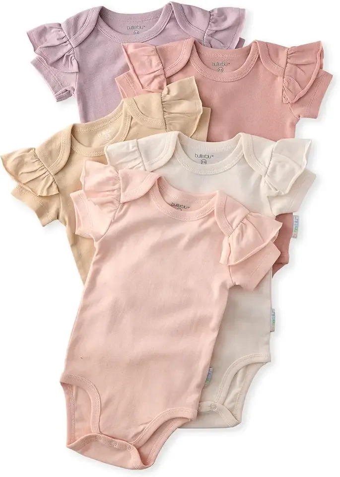 Baby Girls' Rory 5-pack Short Sleeve Ruffle Shoulder Bodysuits 100% Organic Cotton for Baby Girls