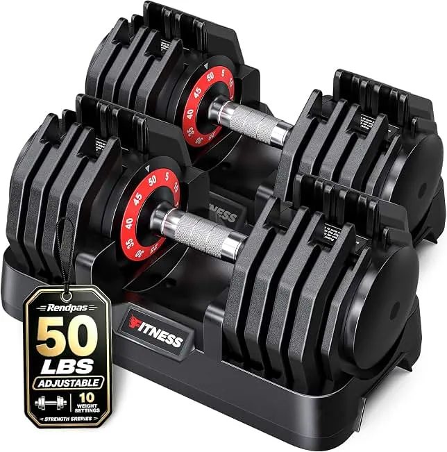 Rendpas Adjustable Dumbbell Set for Home Gym Strength Training | 25/50/55/80LB Pair, Quick Adjust Dumbbells w/Non-Slip Knurled Grip,…