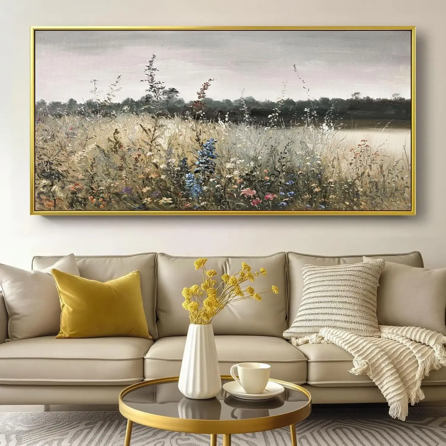 Large gold framed Canvas Wall Art Classical Flower Meadow Oil Painting Prints,58"x29" Canvas Prints Paintings Artwork for Walls wall art for Living Room Bedroom Bathroom, Country Farmhouse Office Wall Decor