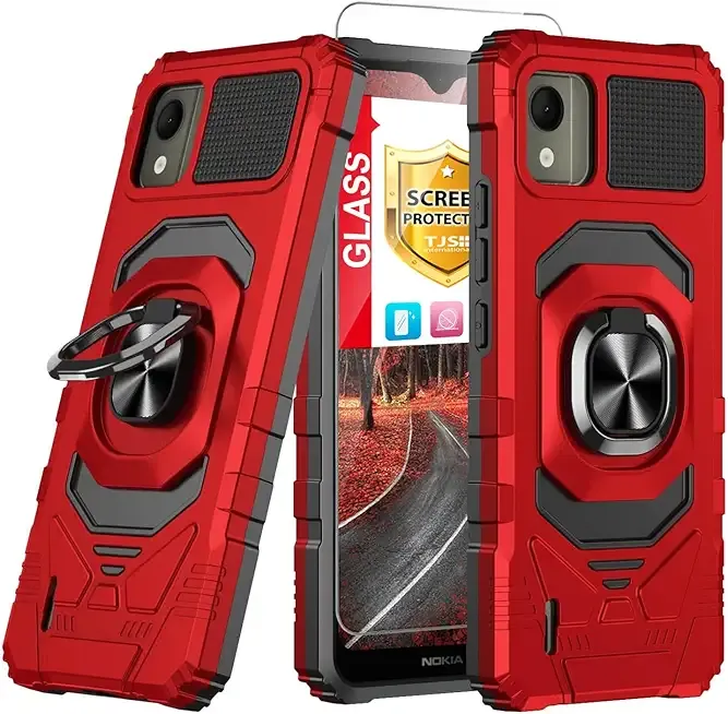 TJS Compatible for Nokia C110 N156DL Case, with Tempered Glass Screen Protector, Metal Ring Magnetic Support Kickstand Heavy Duty Drop Protection Cover Phone Case (Red)