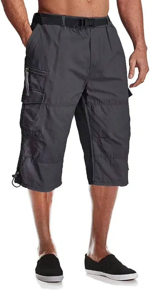 Mens Cargo Shorts Long Capri Elastic Below The Knee 3/4 Cotton Casual Summer Shorts with Pockets