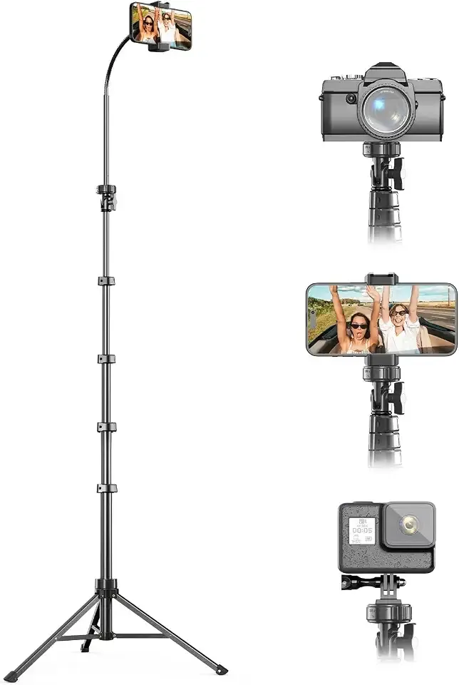 UBeesize 88’’ Flexible Phone Tripod with 14.95’’ Gooseneck, Remote and Phone Holder, Overhead Cell Phone Stand&Selfie Stick for Video Recording, Compatible with iPhone Android Phone, Camera Black