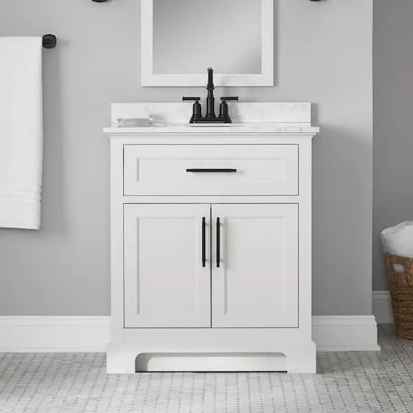 Home Decorators Collection Doveton 30 in. Single Sink Freestanding White Bath Vanity with White Engineered Marble Top (Assembled)