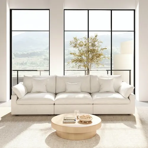 119 in. Square Arm Plush Linen 3-Piece Comfy Couch Deep Seat Cloud Modular Sectional Sofa with Washable Covers in White