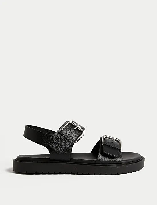 Leather Buckle Flatform Sandals