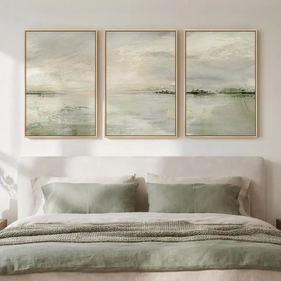 Framed Sage Green Abstract Landscape Wall Art for Bedroom, 3 Piece 16x24 In