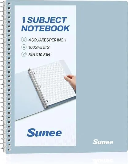 SUNEE Spiral Notebook, 1-Subject, Graph Ruled Paper, 8" x 10-1/2", 100 Sheets per Notebook, 3-Hole Punched Paper, Water Resistant Cover, Spiral Grid Notebooks for Work, Home, School, Grey Blue SUNEE Spiral Notebook, 1-Subject, Graph Ruled Paper,…