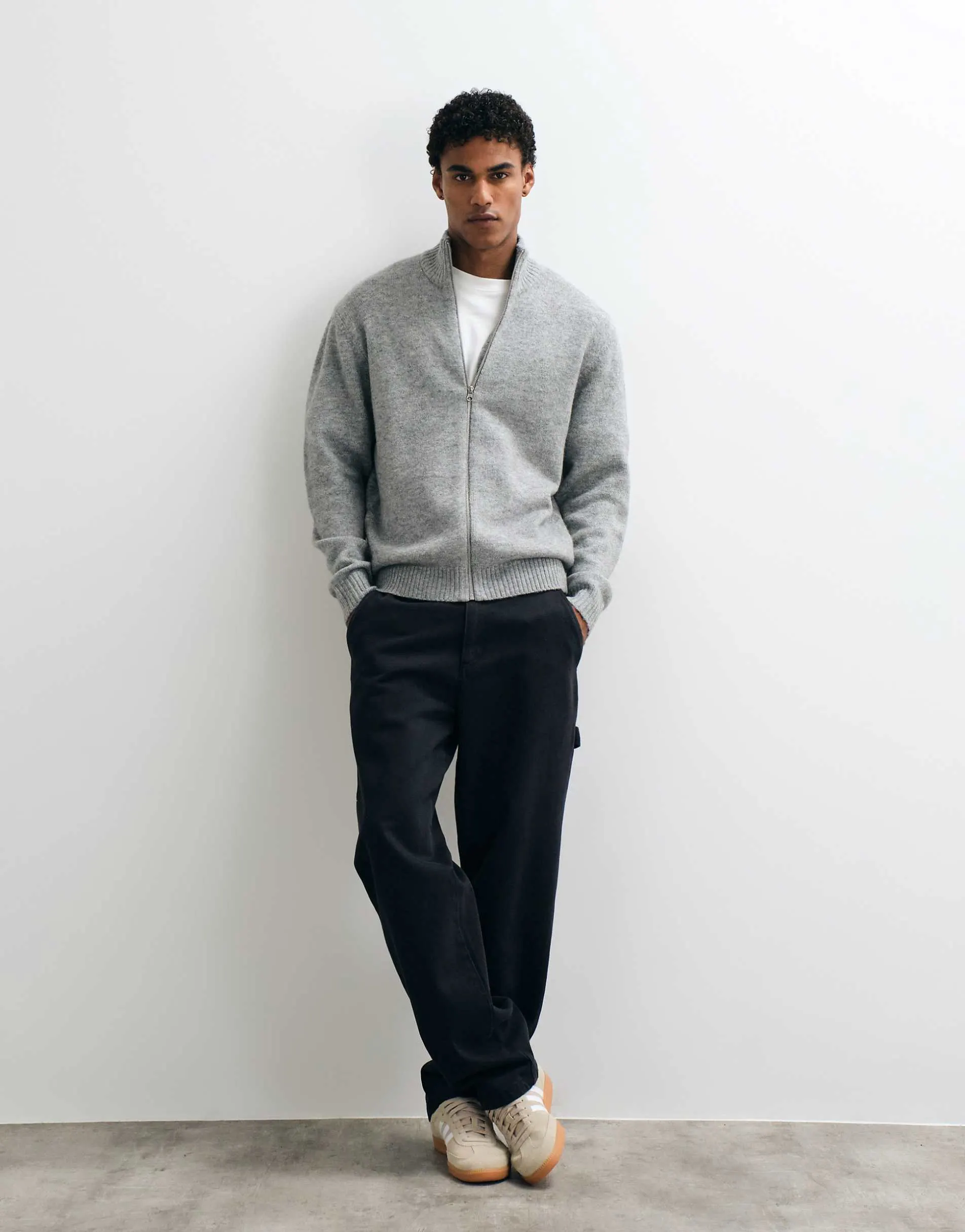 Jack & Jones high neck zip through cardigan in grey
