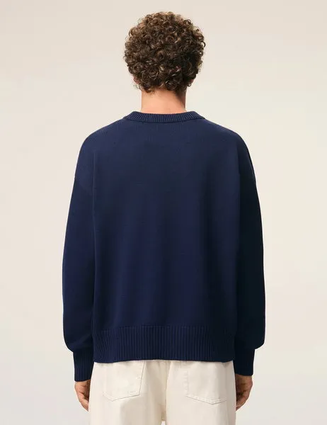 Cotton Wool Knit Crew Neck Sweater Ami De Coeur Ink/Ecru
