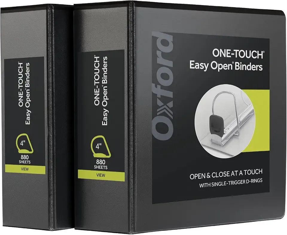 Oxford 3 Ring Binders, Binders for School and Office, Durable 4 Inch, ONE-Touch Easy Open D Rings, View Binder Covers, 4 Interior Pockets, PVC-Free, Holds 880 Sheets, Black, 2 Pack (79920)