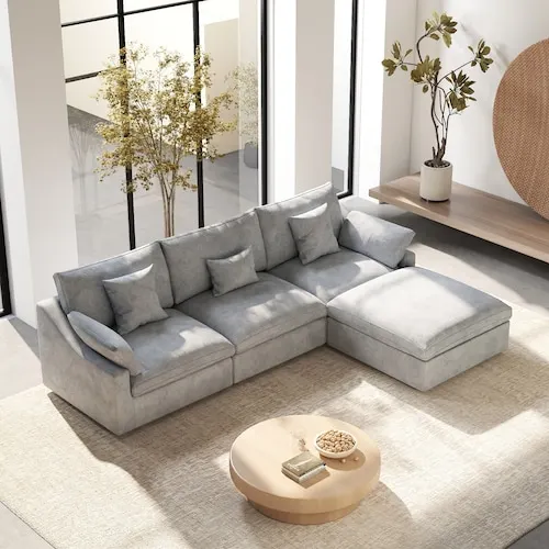 156 in. Flared Arm Linen Convertible Living Room Sofa with Thick Cushions Ottoman Removable Covers in Gray