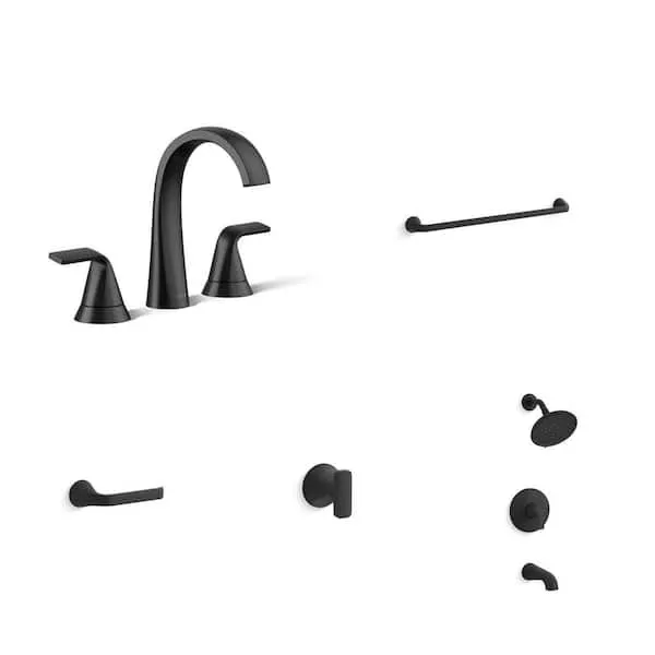 KOHLER Cursiva Matte Black Bathroom Faucet, 24 in. Towel Bar, Toilet Paper Holder, Robe Hook and Tub/Shower Faucet Combo