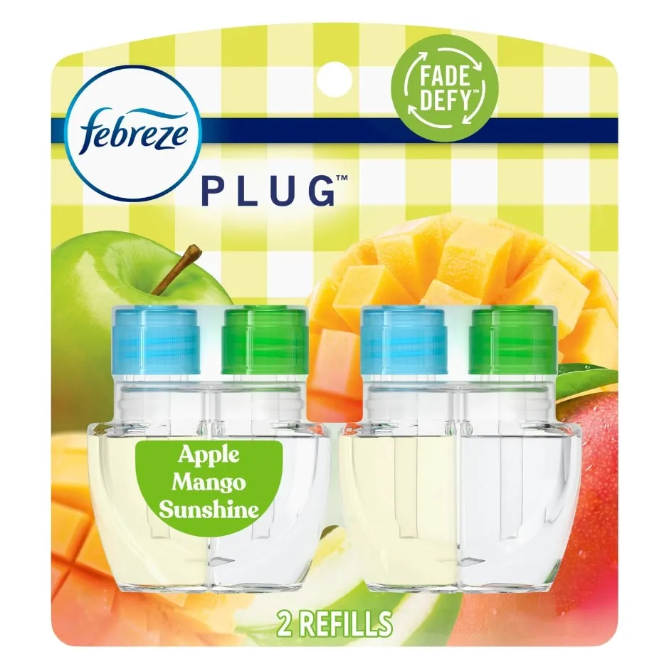Febreze Plug In Air Freshener, Odor-Fighting Scented Oil Refill, Apple Mango Sunshine, 2 Refill