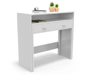 Consola Extraible, Mesa Escritorio Extensible, Mesa Estudio, con cajones y balda, 90 x 37 x 86,5 cm Blanco Dormidán