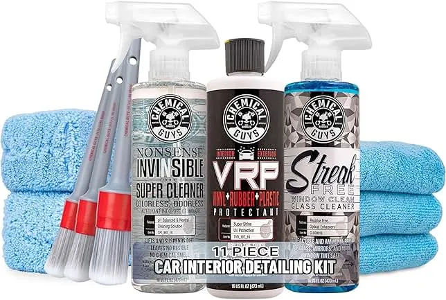 Chemical Guys Car Interior Detailing Kit - VRP Protectant, Nonsense Cleaner, Streak Free Glass Cleaner, 3 Detailing Brushes, 3 Towels, 2 Applicators, 11-Items
