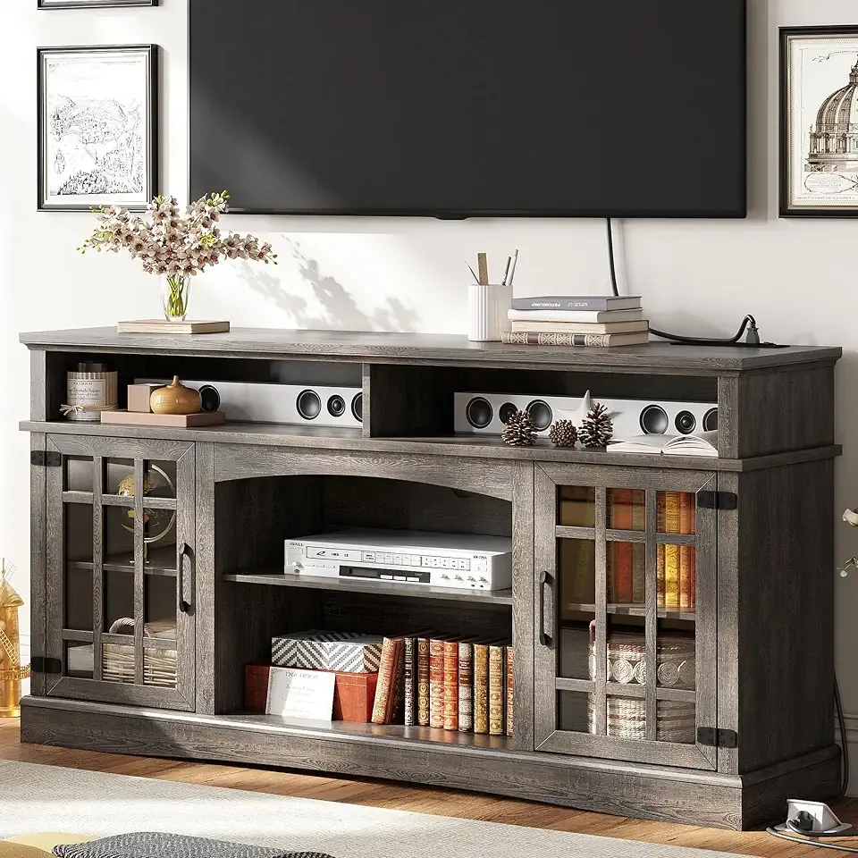 Farmhouse TV Stand for 65 Inch TV, 32“Tall Entertainment Center with Power Outlets, Rustic TV Cabinet with Glass Door Media Console, TV Console for Living Room,Dark Rustic Oak