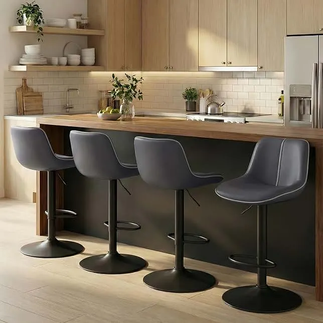 VASAGLE Bar Stools Set of 4, Adjustable Height Swivel Barstools with Ergonomic Backrest, Synthetic Leather, Larger Metal Base, Modern Tall Bar Chairs for Kitche…