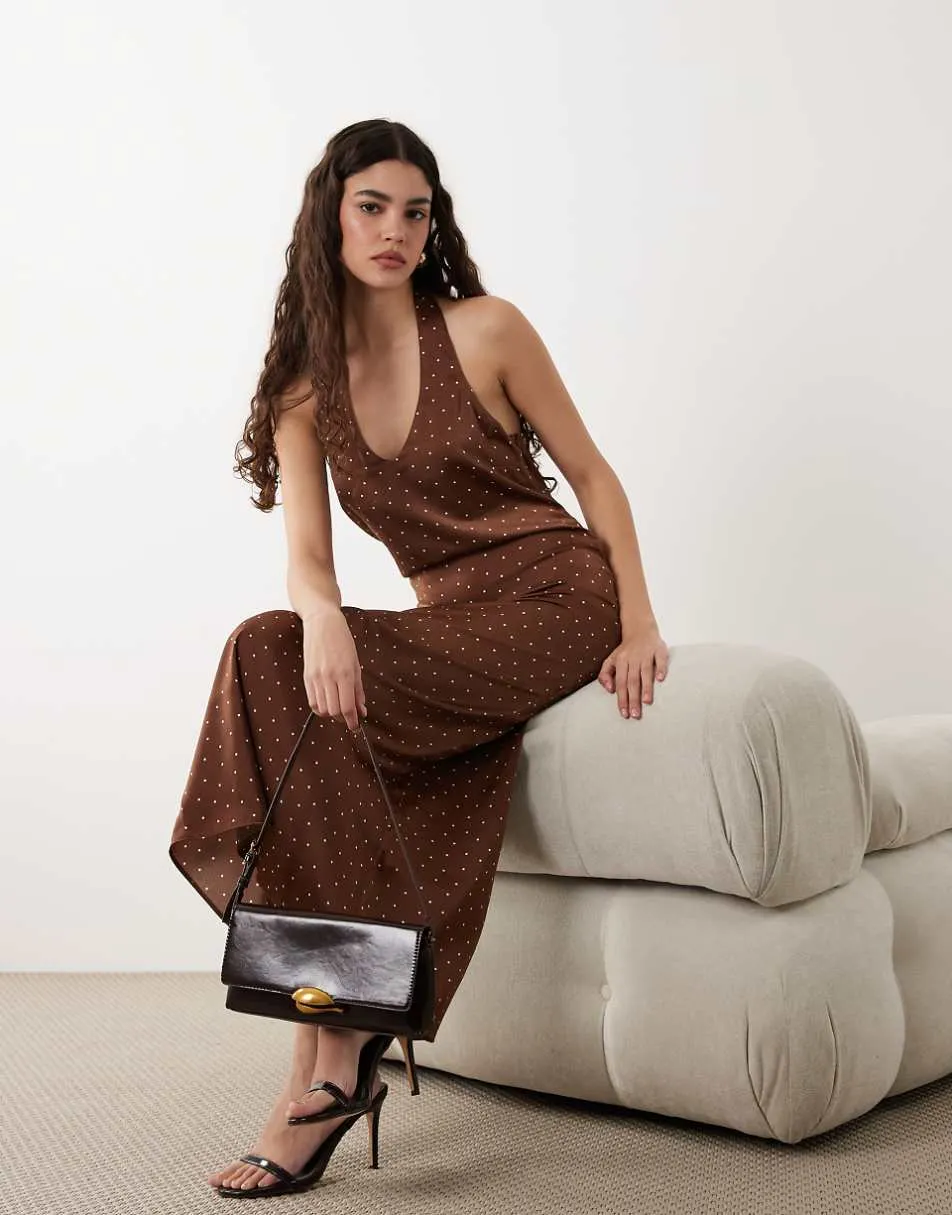 New Look polka dot cowl neck halter satin midi dress in brown