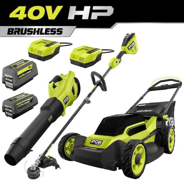 RYOBI 40V HP Brushless 20 in. Cordless Battery Walk Behind Push Mower, Blower & String Trimmer w/ (2) Batteries & (2) Chargers