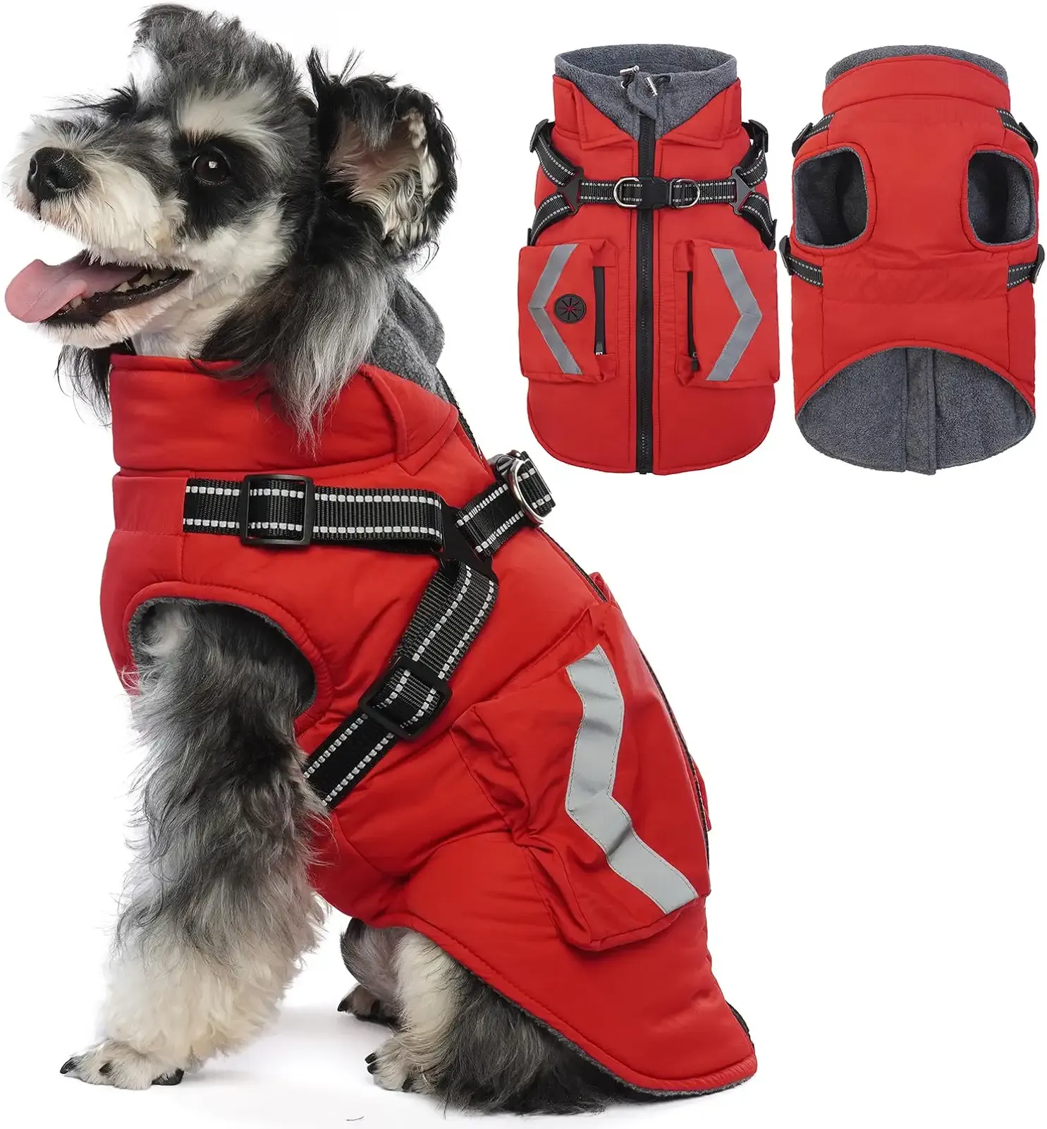 FUAMEY Dog Waterproof Winter Coat, Warm Dogs Jacket Reflective, Pet Fleece Lined Vest with Pockets, Cold Weather Clothes for Doggy, Dog Coats with Built in Harnesses, Schnauzer (Red, M)