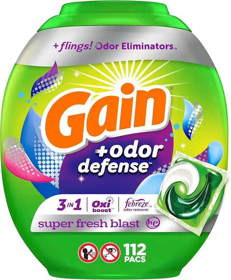 Gain Flings Laundry Detergent Pacs with Odor Defense, 112 Count, Super Fresh Blast Scent, HE 3in1 Detergent Pacs with Febreze and Oxi