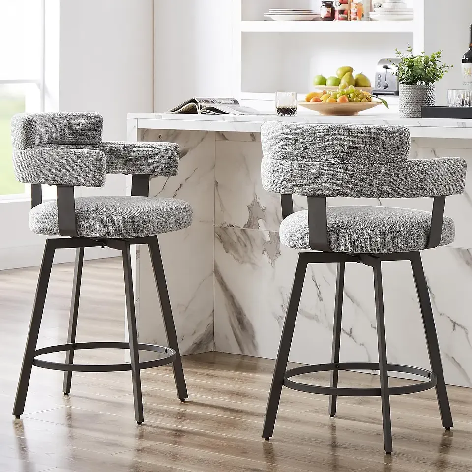 Counter Height Bar Stools with Full Back – Swivel Counter Stools Set of 2 with Linen Padded Back, Metal Footrest, Modern Barstools for Kitchen Counter, Island, Dining Room, Grey 24 inch