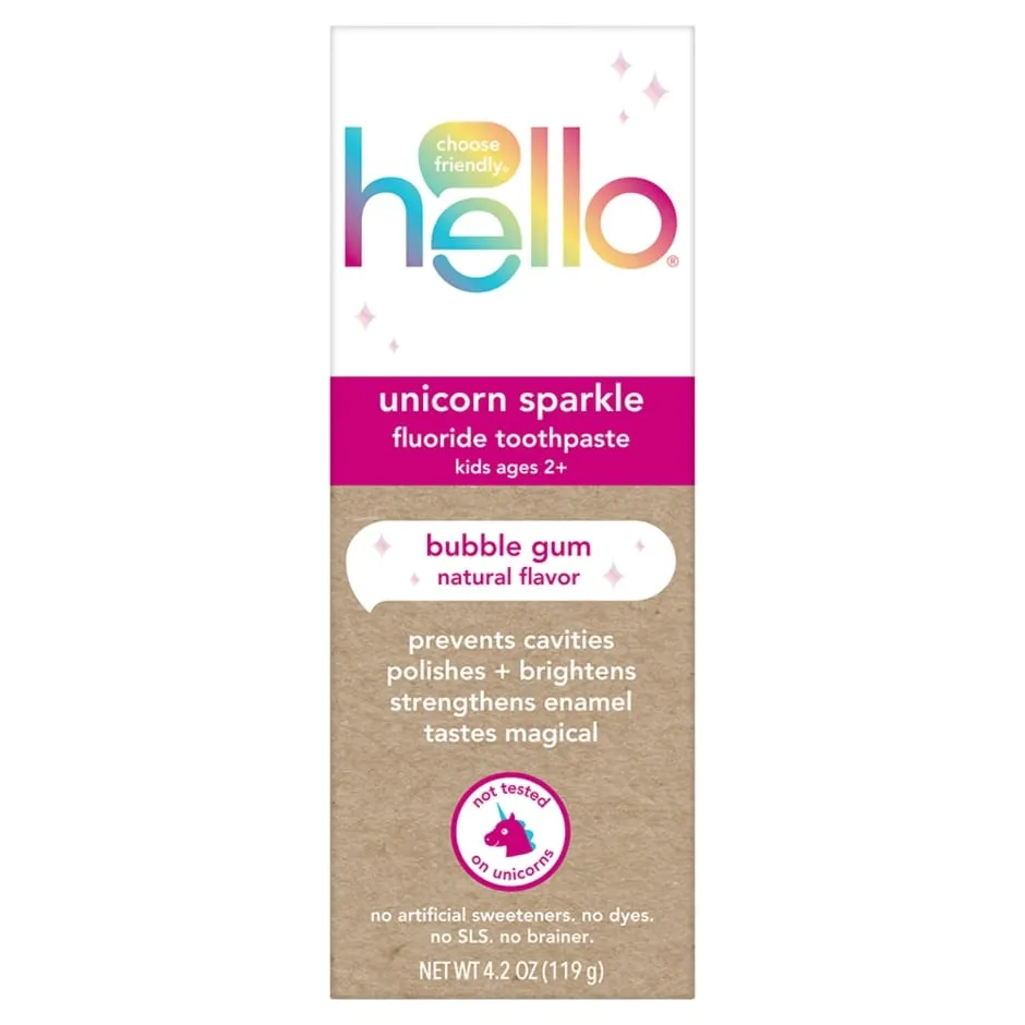 hello Unicorn Sparkle Kids Toothpaste with Fluoride, Bubble Gum Toothpaste, 4.2 Oz Tube