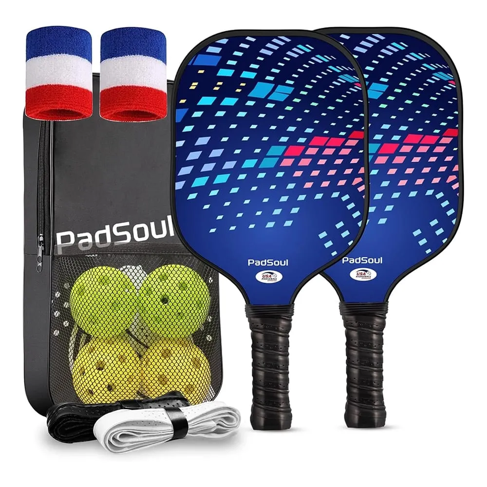 PadSoul Fiberglass Pickleball Paddle Set, Blue/Red