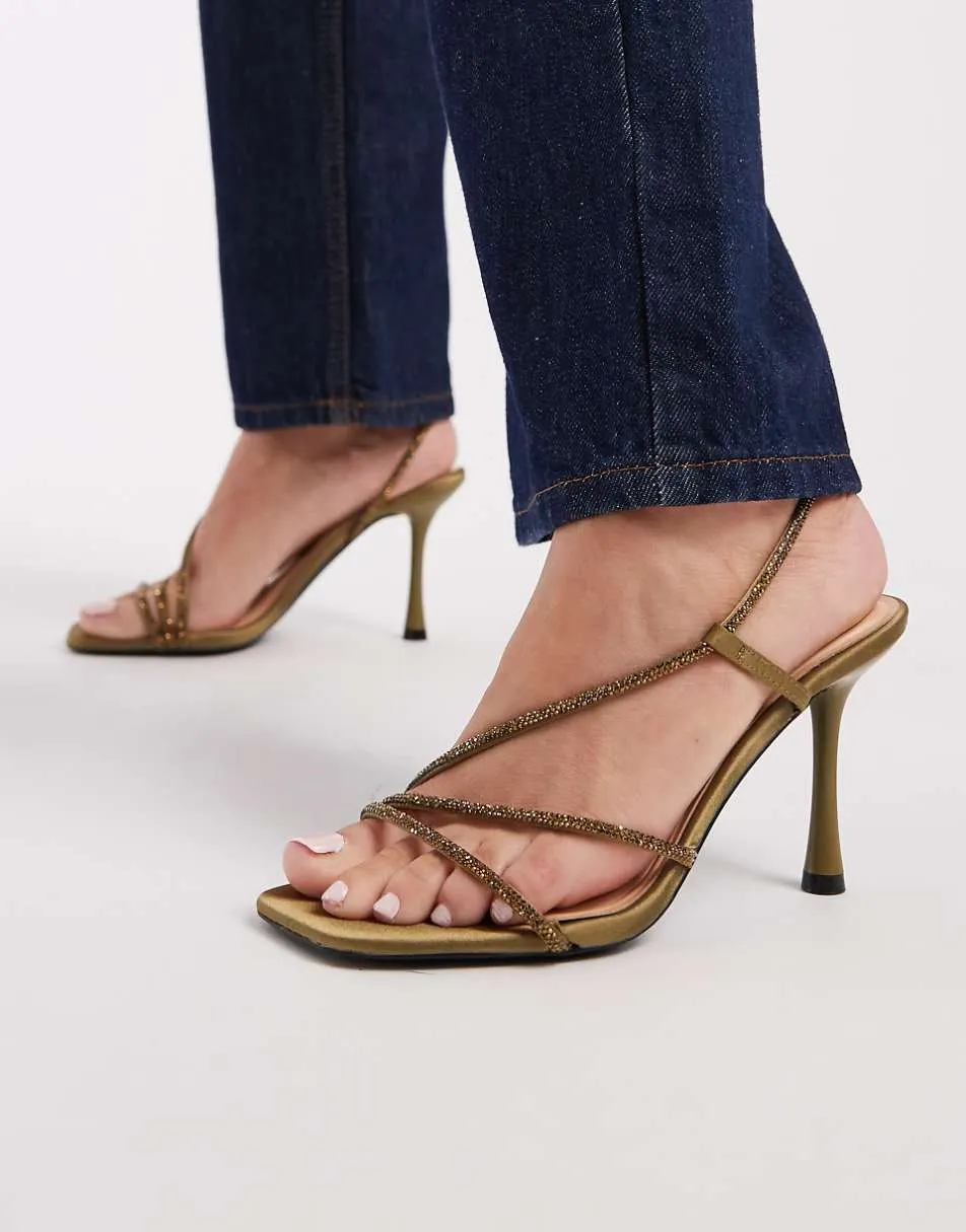 New Look asymmetric embellished heeled sandals in dark green