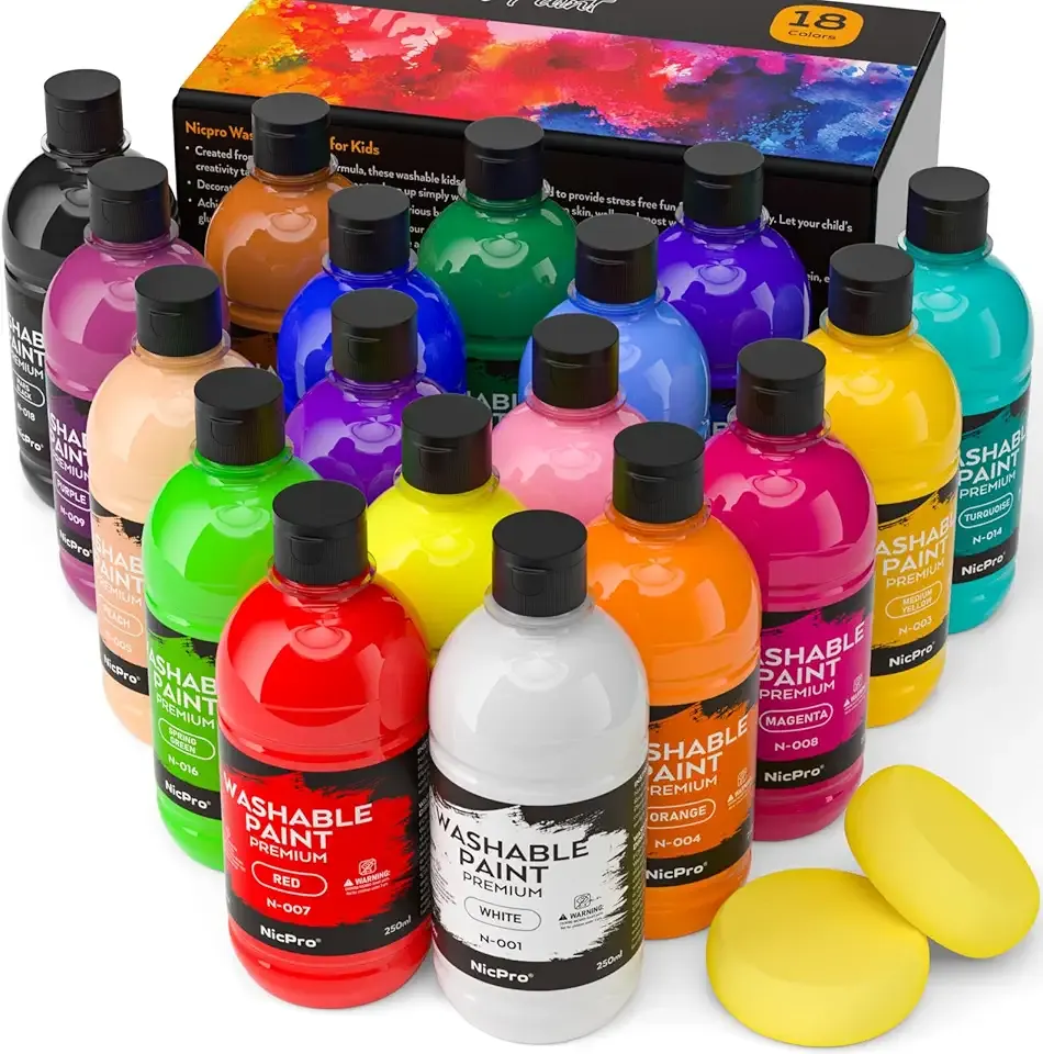 Nicpro 18 Colors Large Washable Paint Set for Kid (8.45oz), Acrylic Bulk Paint Supplies Non Toxic Tempera Paint for Art, Craft DIY, Poster & Finger Paint, School, Home, Teacher Classroom Must Haves