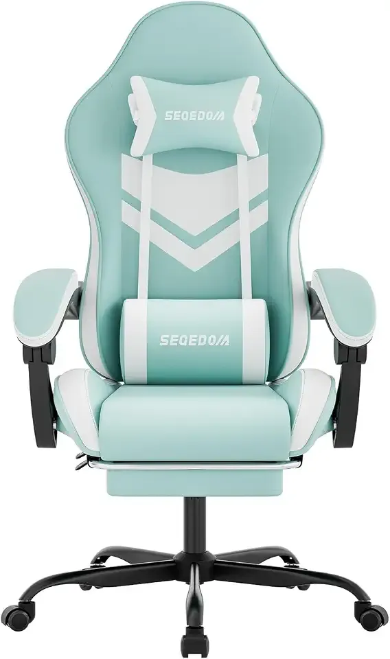 Gaming Chair with Footrest & Massage Lumbar Support, PU Leather Ergonomic High Back Swivel Height Adjustable Chair for Adults, Office Gaming, 300 lbs (Green White)