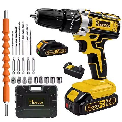 21V Cordless Electric Drill Set 42N.m Torque Power Screwdriver 2-Speed 3/8" Keyless Chuck Lithium Battery Hand Drill Tool Kit for DIY Wood Metal
