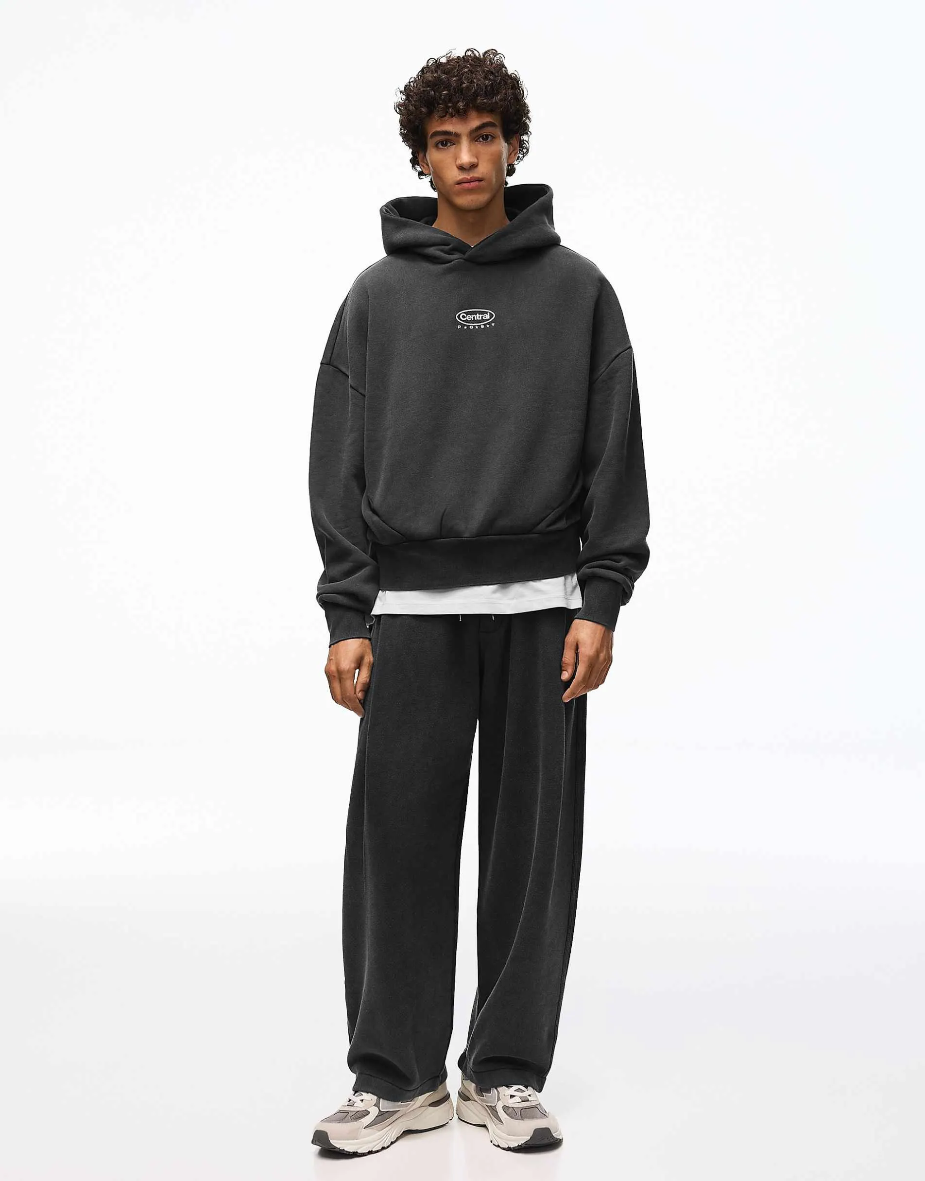 Bershka Boxy washed hoodie in black