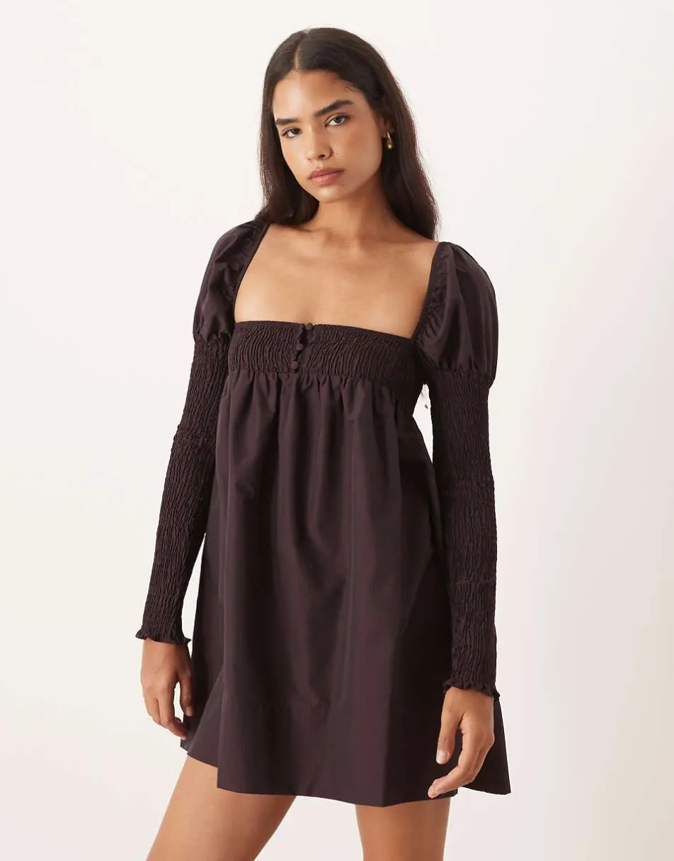 ASOS DESIGN shirred bust long sleeve button front mini dress in dark burgundy