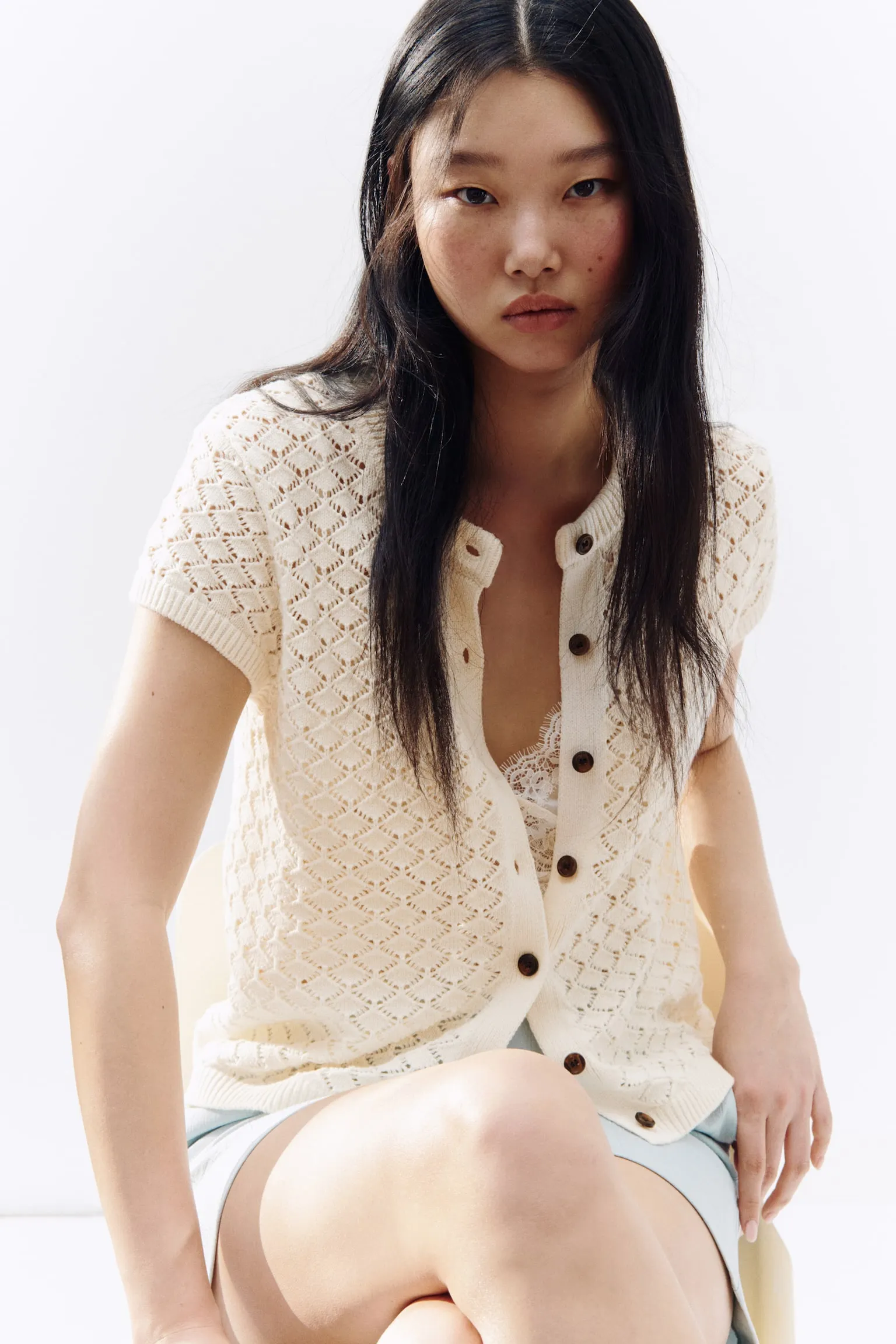 Cárdigan con mangas japonesas en tejido pointelle