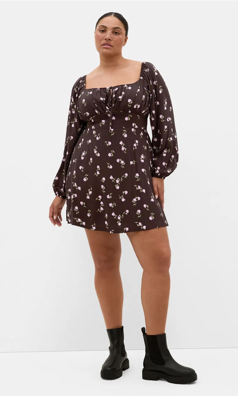 Aire Field Print Long Sleeve Mini Dress - chocolate