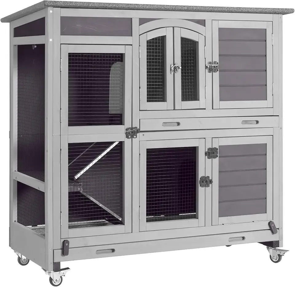 Aivituvin Two Story Rabbit Hutch Bunny Cage with Wheels, Indoor Outdoor Guinea Pig Cage with 2 Deep No Leak Tray