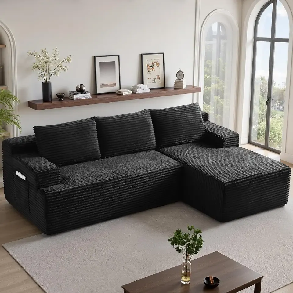 96''Sectional Couches for Living Room,Modern Modular Sectional Sofa,Upholstered Boneless Couch with Pockets,Comfy Cloud Couch with L Shaped Chaise(Black, 96''W Right Facing Chaise)