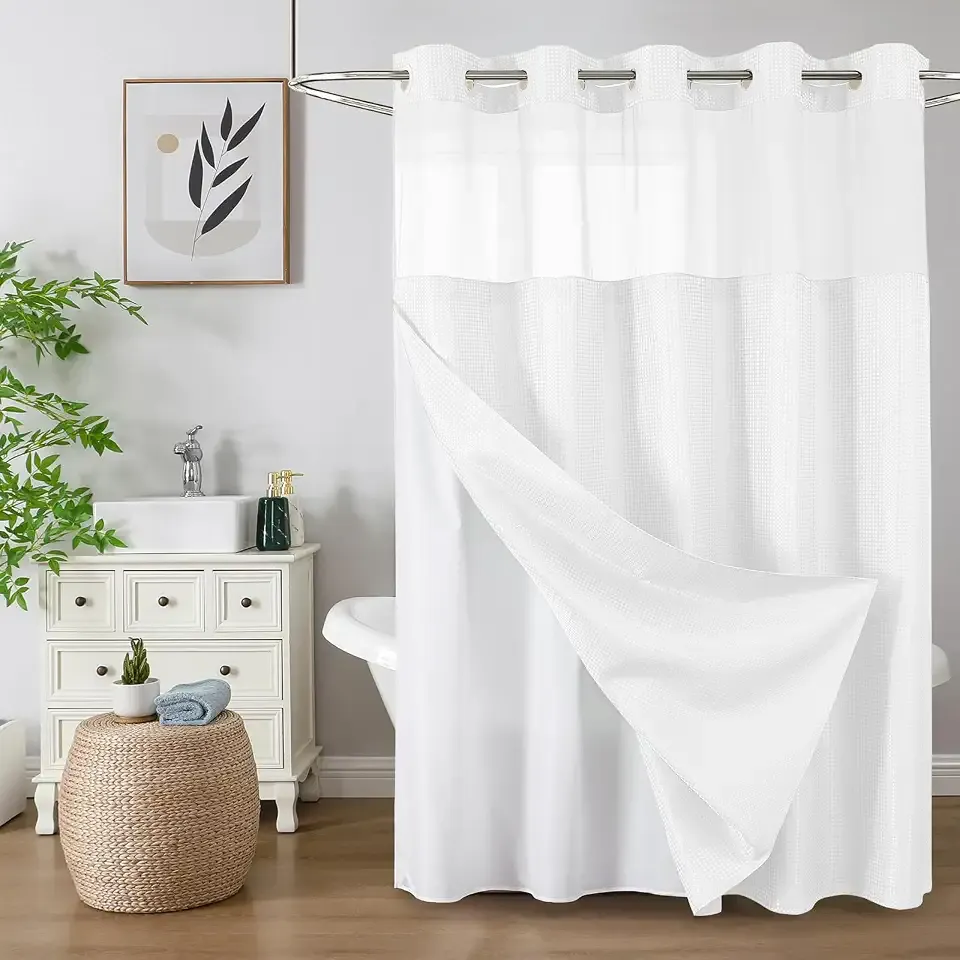 Colorful Star White No Hook Waffle Shower Curtain with Liner, 72 x 75 Inch