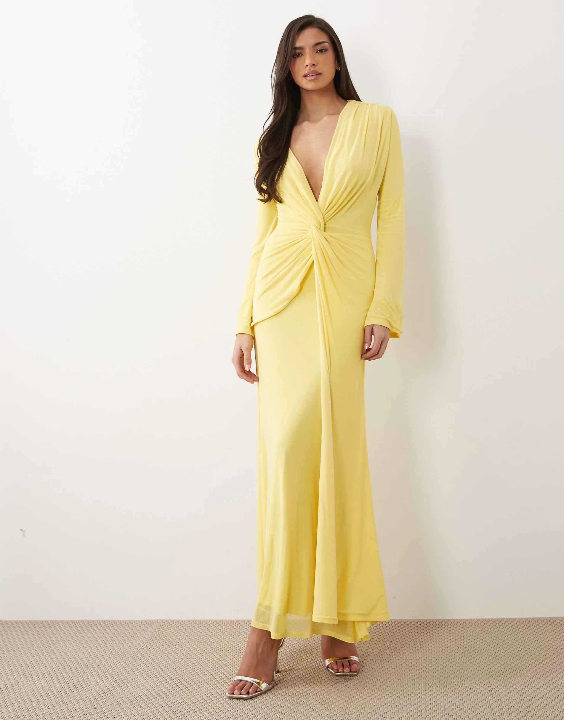 ASOS DESIGN mesh deep plunge long sleeve maxi dress with twist knot detail in lemon