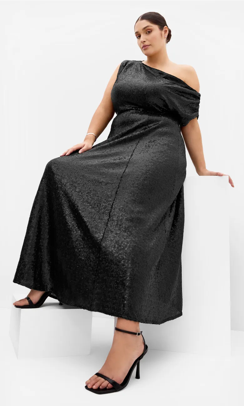 Sequin Off Shoulder Maxi Dress - black