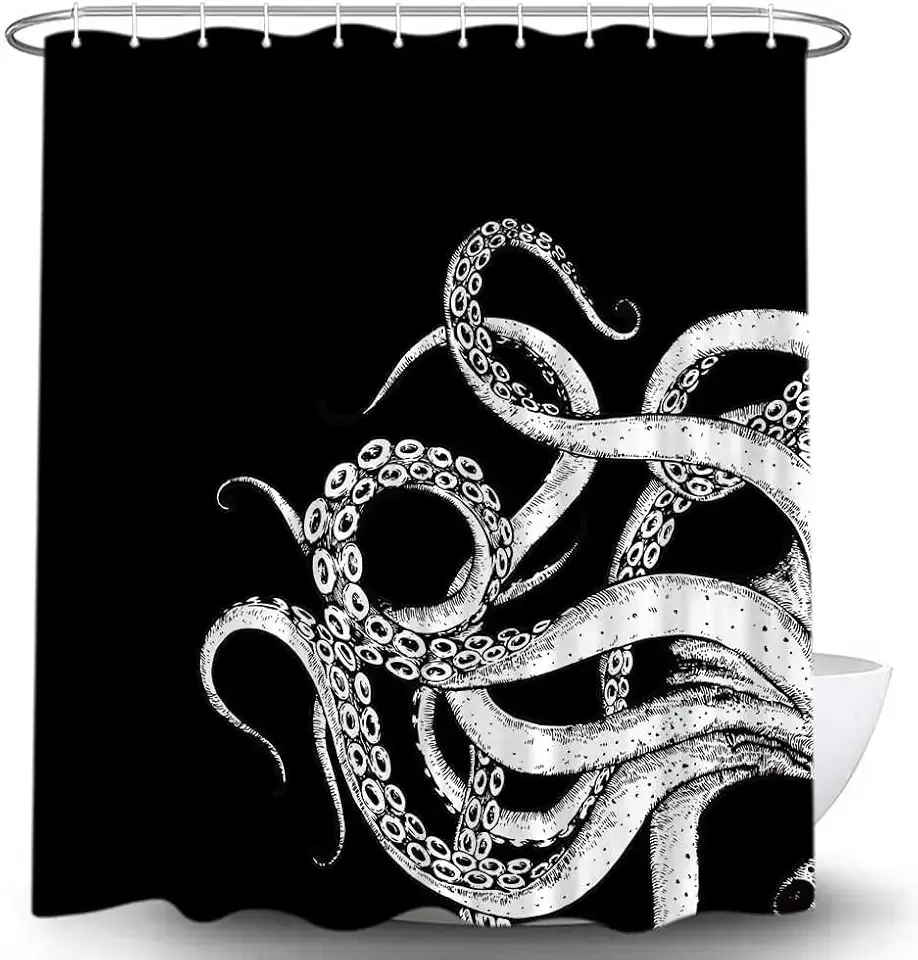 Octopus Decor Shower Curtain for Bathroom, Funny Black and White Sea Monster Kraken Animal Goth Fabric Shower Curtains Set, Unique Novelty Nautical Gothic Restroom Accessories with Hooks 72X72