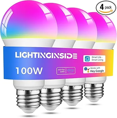 Lightinginside Smart Light Bulbs 100W Equiv., 1350LM 11W Smart Bulb Works with Alexa/Google Home/Smart Life, A19 E26 RGBCW Color Changing, No Hub Required, 2.4G WiFi Bluetooth Bulb, ETL Listed, 4PCS