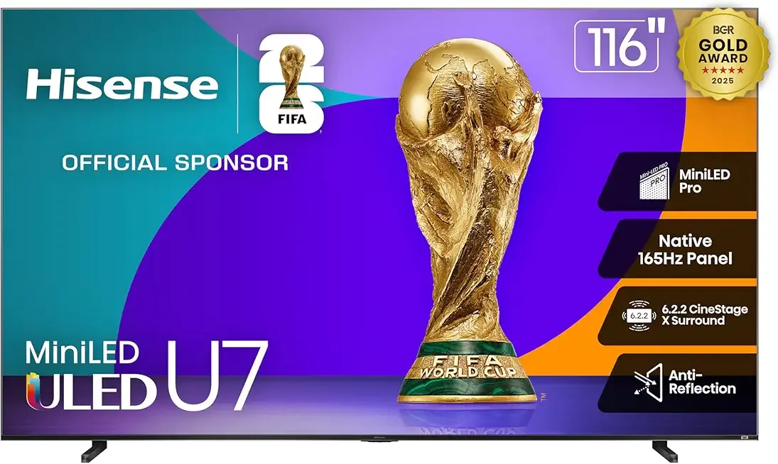 Hisense 116" U7 Mini-LED ULED 4K UHD Best Premium Gaming Google Smart TV (116U75QG, 2025 Model) - QLED, Native 165Hz, VRR 288, Up to 4000 Nits, HDR10+, Dolby Vision IQ · Atmos, IMAX Enhanced, 6.2.2 Ch