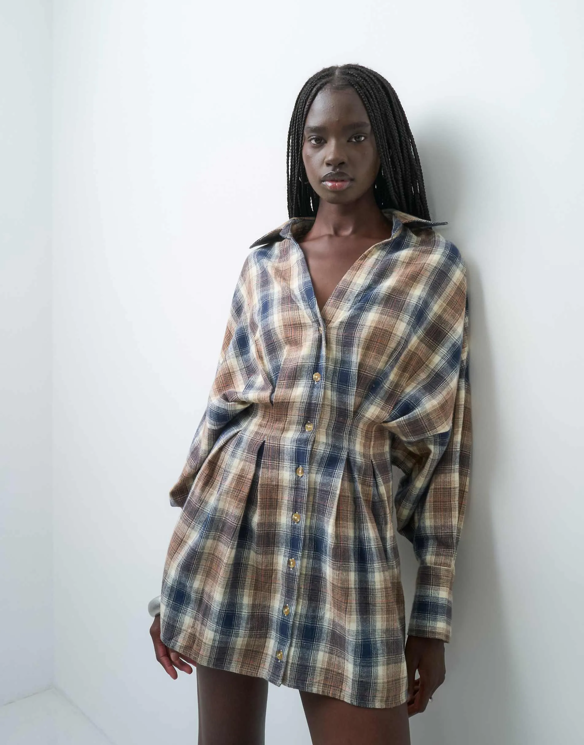 ASOS DESIGN nipped waist mini shirt dress in blue and tan check