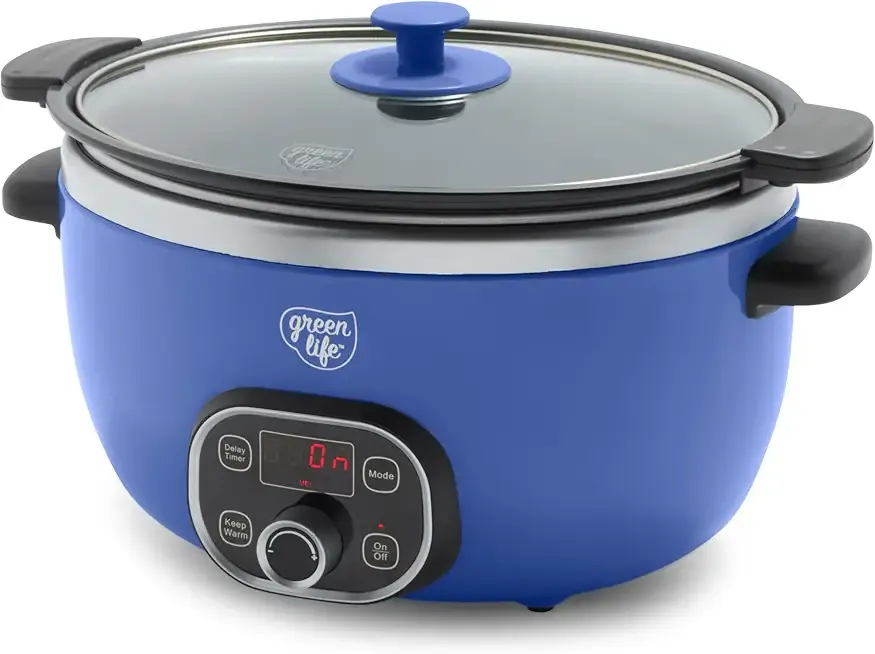 GreenLife 6QT Slow Cooker, Non-Toxic PFAS-Free Ceramic Nonstick Removable Interior Bowl, Programmable, Family Friendly, Keep Warm, Stovetop & Oven Safe, Dishwasher Safe Crock, Timer, Glass Lid, Blue